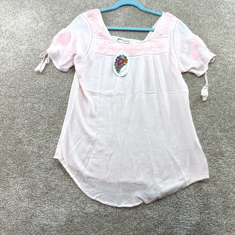 Magazine Pink Embroidered Cotton Tassel Top Womens L NEW Bogo Whimsy Texture